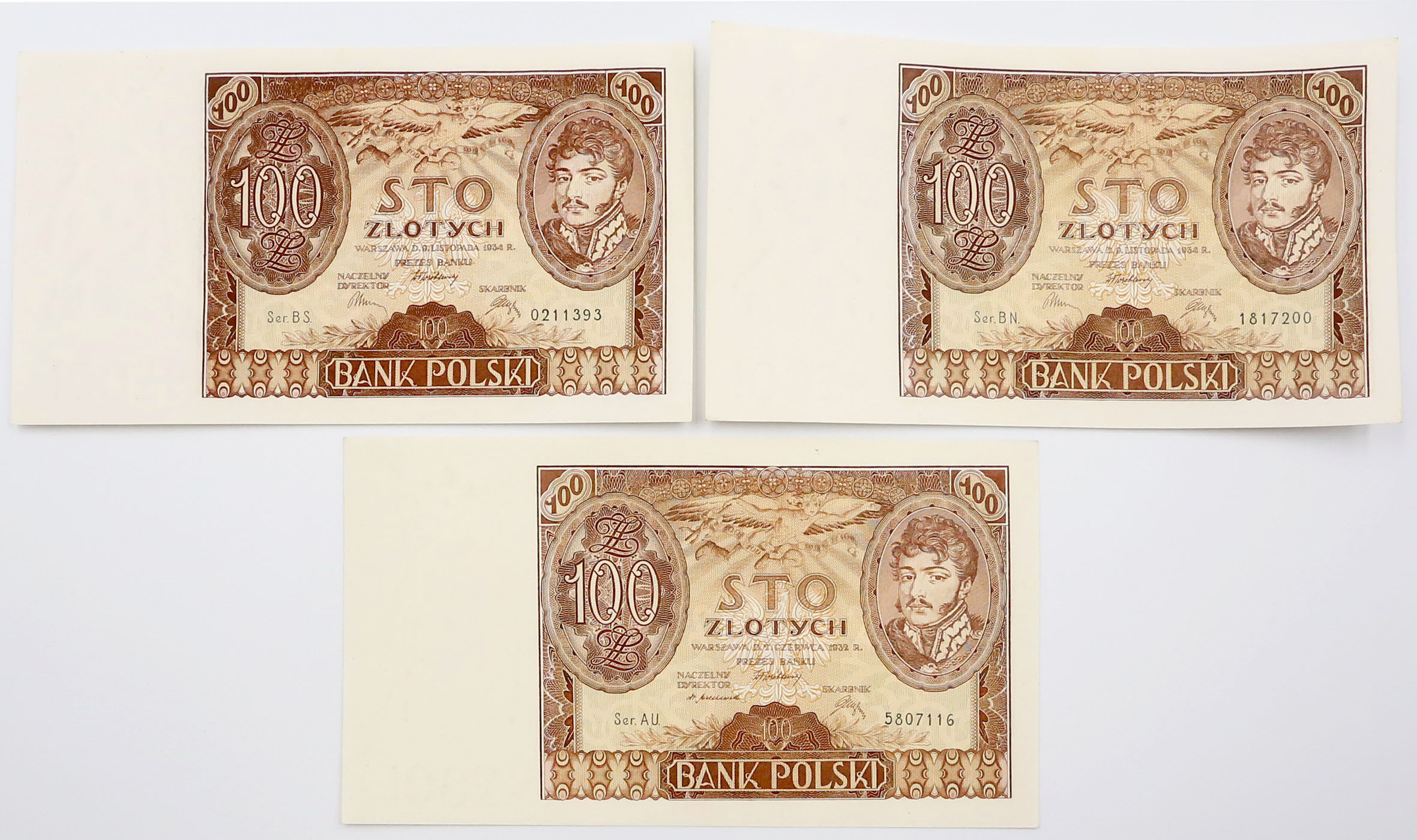 100 złotych 1932, 1934, zestaw 3 sztuk
